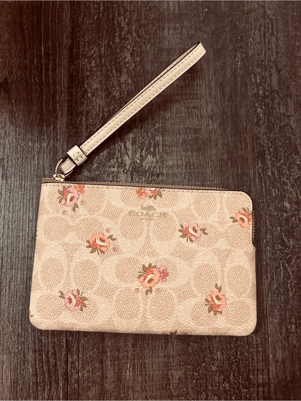 Coach Beige Floral Signature Corner Zip Wristlet with Pale Pink Roses NWT